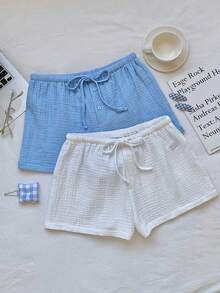 Comfortcana 2026春夏新款女士100%纯棉质感面料白色蓝色短裤多件套，适合女士度假、复活节、圣帕特里克节、派对、外出、婚礼、毕业典礼、优雅、休闲、奢华、正式、情人节、狂欢节、沙滩套装、居家休闲、大学、女士休闲套装、白色裤子、健身房等场合穿着。 - 藍色 - 查看 6