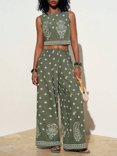 Zivah 2026 Spring/Summer New Music Festival, St. Patrick's Day, Valentine's Day, Date, Western, Nomadic Style, Birthday Party, Graduation, College Style, Student, Daily Casual, Basic Matching, Leisure, Cruise Travel, Beach, Sunbathing, Viral Hit, Streetwear, Wedding Guest, Boho, Commute, Brunch, Airport, Party, Holiday Outing, Office Wear, Vacation, Vintage, Olive Green Faux Embroidery Boat Neck Sleeveless Loose Top And Straight Elastic Waist Printed Pants Women 2-Piece Set