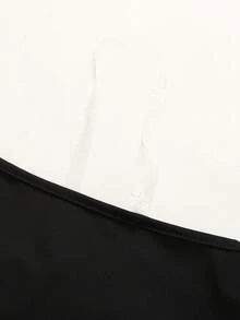 SHEIN 青少年女孩休閒經典黑色扭轉單肩玫瑰鈕扣裝飾優雅修身上衣T恤，適合日常穿著與優雅婚禮 - 黑色 - 查看 5