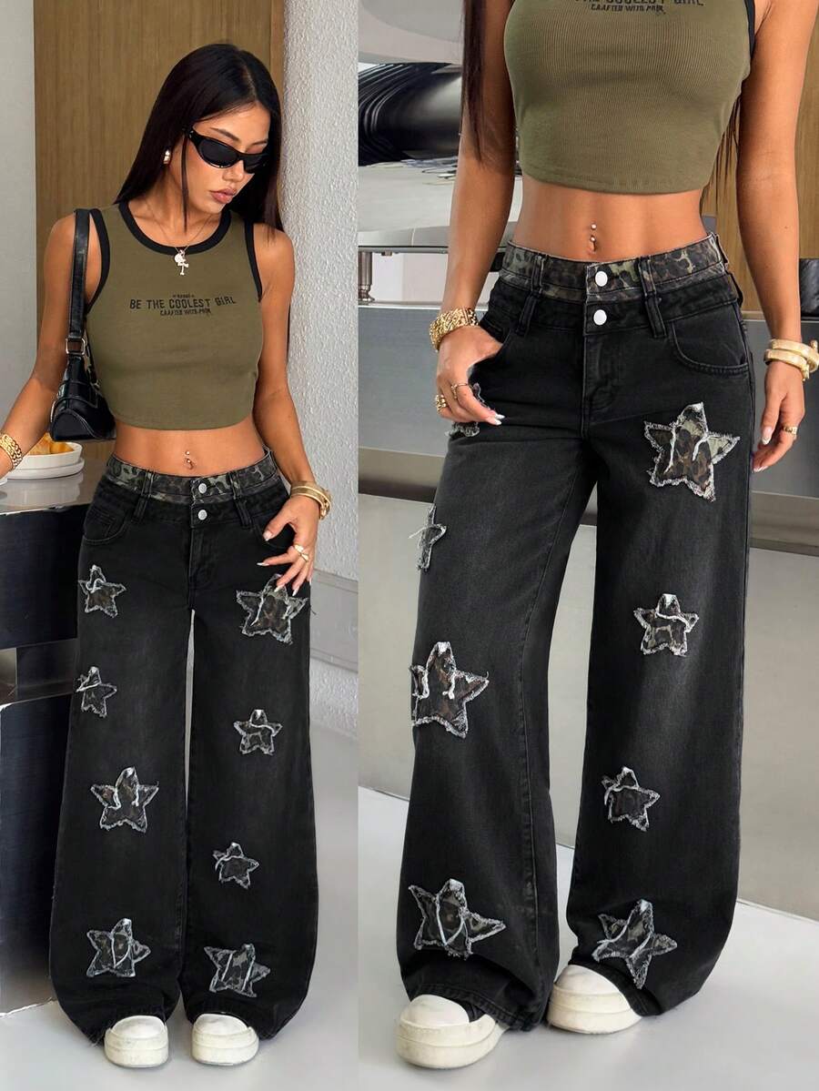 SHEIN PETITE Summer Streetwear Y2K Party Casual Vacation Women's Patchwork Leopard Print & Star Applique Pocket Wide Leg Loose Casual Black Denim Jeans , Petite Women - Black - View 1