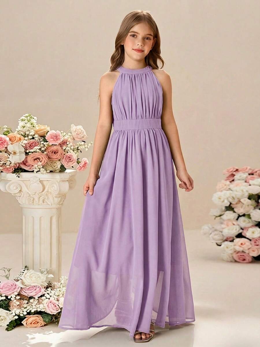 Pitira Pitira Đầm không tay ôm sát, màu trơn, dệt kim dành cho bé gái tuổi teen - Màu tím hoa cà - Xem 1