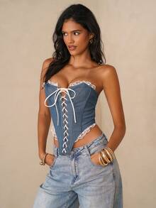 Glamine Sexy Blue Denim Patchwork Contrast Ruffle Lace-Up Asymmetric Hem Bandeau Top For Women - Blue - View 1