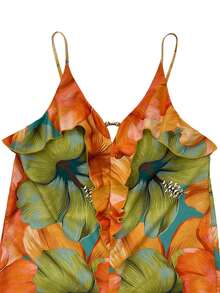 Roelina Bộ jumpsuit nữ họa tiết hoa phối bèo nhún ống rộng, thích hợp cho kỳ nghỉ. - Nhiều màu - Xem 4