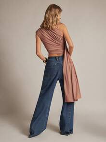 Hauture Asymmetric Ruched Sleeveless Round Neck Side Ribbon Decor Women Top - Brown - View 2