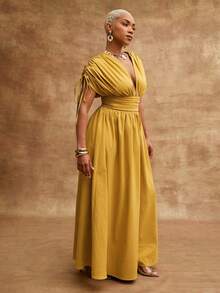 Vixey Drawstring Sleeve Gathered Waist Woven Maxi Vacation Dress - Yellow - View 5