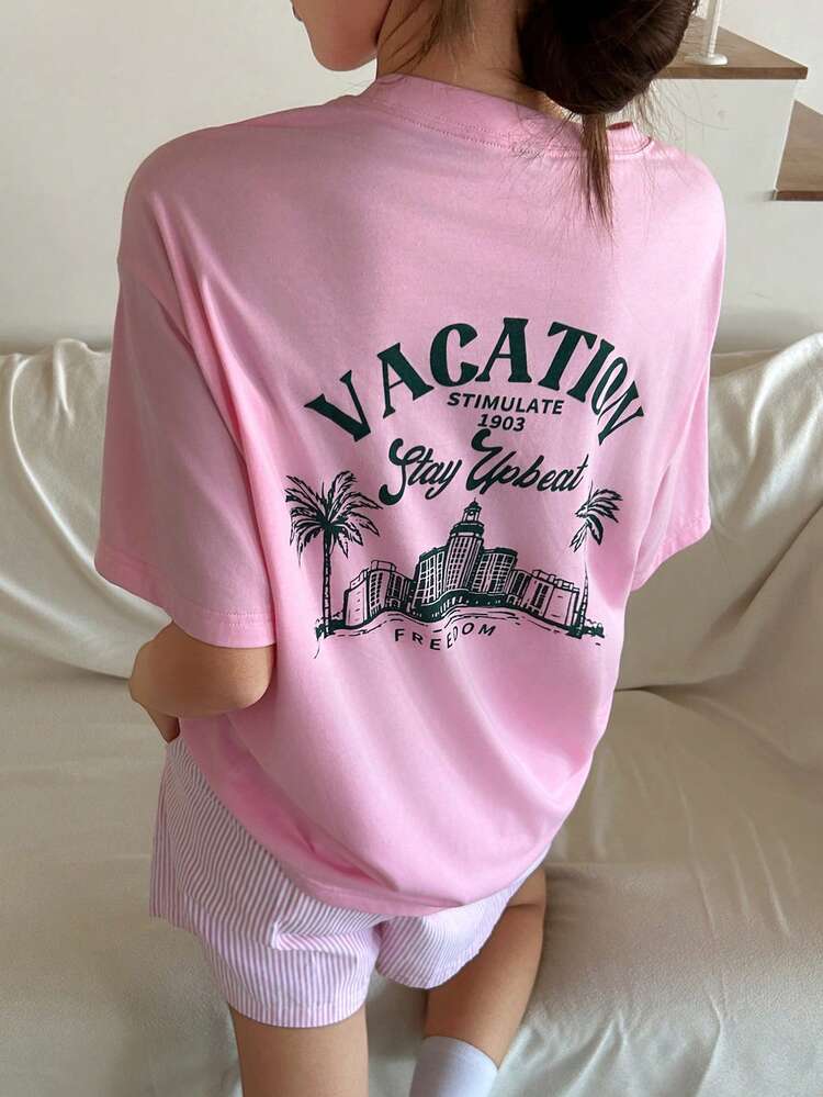 Women's Casual Loose Letter Print Back Tee And Shorts Pajama Set, Suitable For Summer Vacation