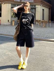 DAZY 少女夏季休闲水洗阔腿牛仔短裤 - 深色水洗藍 - 查看 6