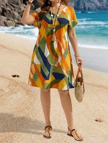 EMERY ROSE Đầm cánh dơi tay dài in hoa nhiều màu sắc cỡ lớn, trang phục đi nghỉ mát thường ngày cho nữ, trang phục mùa hè cho nữ / Mùa hè / Quần áo mùa hè, trang phục nữ phong cách Boho - xanh quân đội - Xem 4