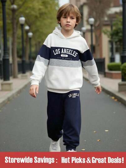 2pcs/Set Tween Boys Colorblock Letter Print Hoodie Sweatshirt Top And Elastic Waist Pants Set, Suitable For 8-12Y Boys Outdoor, Casual, Photography, Autumn/Winter Fall