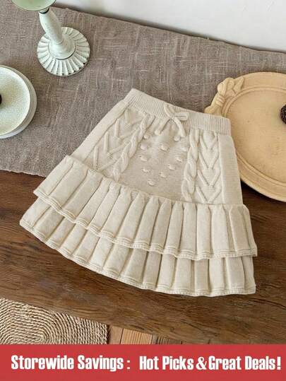 Niñas jóvenes, casual, de moda, sencillo, elegante y lindo. Suéter de punto con volantes de doble capa con estampado de albaricoque, falda corta, suave y cómodo, adecuado para escenas diarias, adecuado para escenas de viaje, adecuado para escenas de vacaciones, adecuado para escenas del hogar, adecuado para escenas de guardería, adecuado para otoño e invierno, Navidad, apertura de escuela, fiesta, ropa versátil de otoño e invierno, ropa de niña para festivales