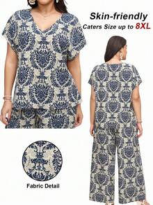 Comfylo 2pcs/Set Plus Size Short Sleeve V-Neck T-Shirt And Pants, Minimalist And Fashionable For Summer Women Boho/Bohemian Summer Outfits For Women Vacation Outfits Woman Two Pieces Set Women Summer Outfits For Women Two Pieces Set Women Summer New Design - Multicolor - View 1