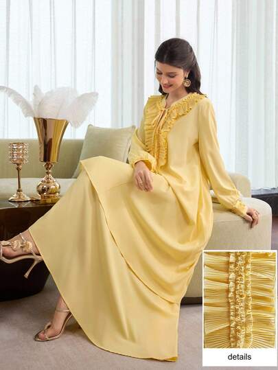 Graceveil 纯色褶皱荷叶边长袖宽松睡袍和半裙两件套，时尚百搭