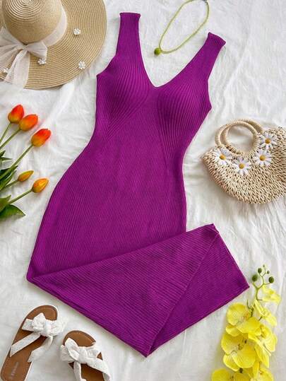 Vestido largo elegante y casual para mujer, diseño sin mangas, semiajustado, con abertura en la parte baja de la pierna, cuello en "V" y espalda descubierta, tela tipo canalé de poliéster y elastano, apto para temporadas de verano y primavera. Muy cómodo, ligero y agradable con tu piel, ideal para tus ocasiones especiales.