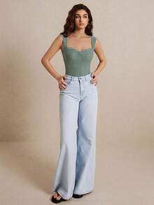 Poéselle Women's Ruffled Cardi Neck Bodysuit, Solid Colour Sleeveless Cardi Neck Backless Embroidered Slimming Camisole Bodysuit, Milkmaid Bodysuit, Summer Bodysuit, Lace Bodysuit - Mint Green - View 4