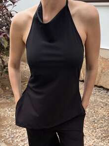 Marta Soriano Women's Solid Color Halter Casual Outfits + Long Pants Set,Summer Sets - Black - View 3