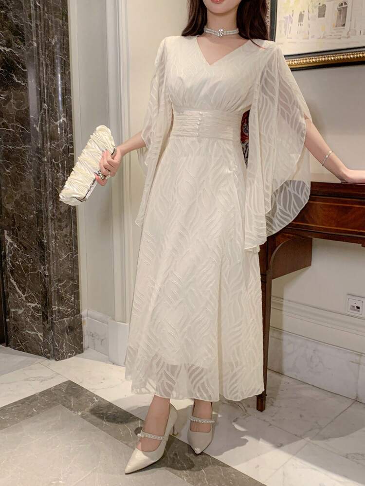 Women's V-Neck Flare Sleeve Elegant Mid-Length Dress Sundress