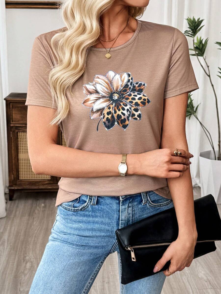 Silhoulove Women's Casual Vacation Rhinestone Leopard & Floral Print Short Sleeve T-Shirt, Suitable For Daily Commute - Khaki - View 1