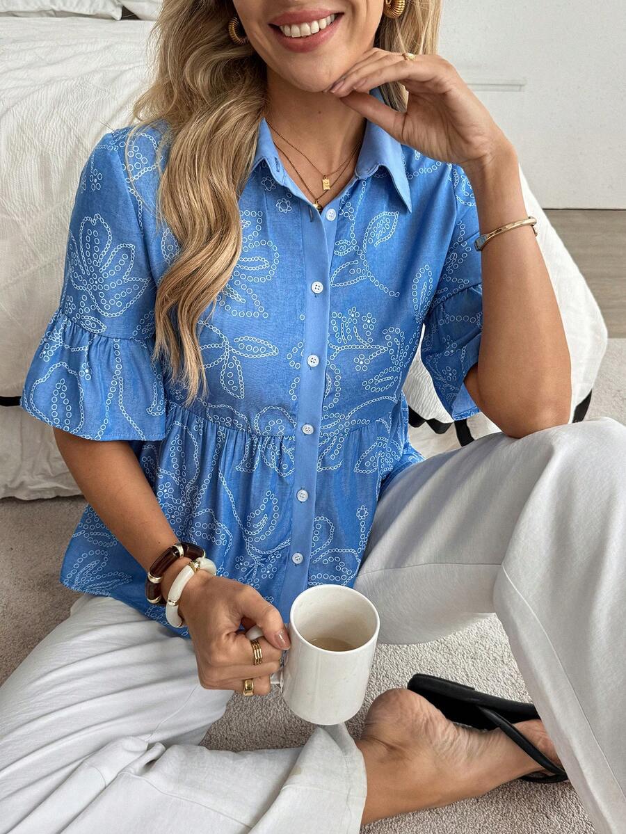 Louniche 优雅女士蓝色印花休闲通勤舒适迷人衬衫，亚麻质感 - 寶藍色 - 查看 1