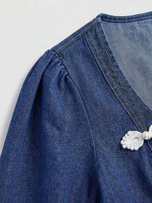 SHEIN Váy ngắn cổ vuông denim xanh cho bé gái tuổi teen - Rửa trung bình - Xem 5