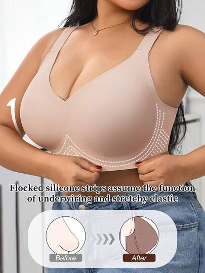 1pc Women's Minimalist Comfortable Solid Color Jelly Gel Supportive Non-Removable Cup Wireless Plus Size Deep V-Neck Bra