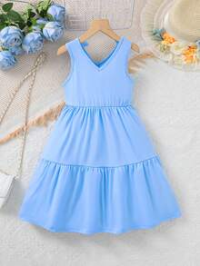 SHEIN Girls' V-Neck Sleeveless Dress, Backless Bow Tie Princess Dress, Blue Casual Vacation Minimalist Dress, Girls' Summer Sleeveless Dress - Blue - View 2
