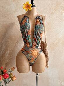 Soleia Áo liền thân gợi cảm thời trang cổ khoét sâu in hình mặt trời dành cho nữ, thích hợp cho kỳ nghỉ. - Nhiều màu - Xem 1