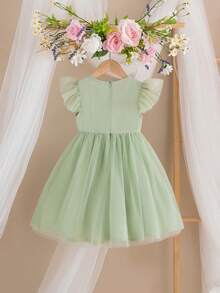 Young Girl Elegant & Cute Green Mesh Floral Applique Cap Sleeve Dress - Green - View 4