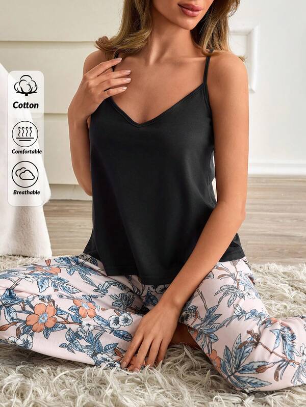 SHEIN Women Cotton 2pcs Sleeves Top & Long Floral Pattern Sleep Pants Homewear Comfort Pajama Set