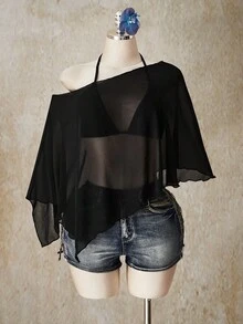 SHEIN ICON 加大码雪纺裹身三角杯系带吊带背心两件套女装 - 黑色 - 查看 3