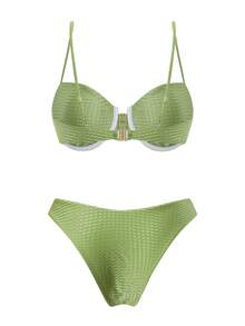 Swim Chiccia Bộ đồ bơi 3 món Xuân/Hè: Áo bơi màu trơn có gọng, dây mảnh điều chỉnh được, quần bơi cạp cao và chân váy lưới, bộ đồ bơi thanh lịch dành cho nữ, lý tưởng cho kỳ nghỉ biển. - màu xanh lá - Xem 4