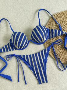 Swim Vcay 2026春夏新款可调节细肩带钢圈聚拢钩编面料侧高衩系带比基尼泳衣两件套（女款） - 藍色 - 查看 1