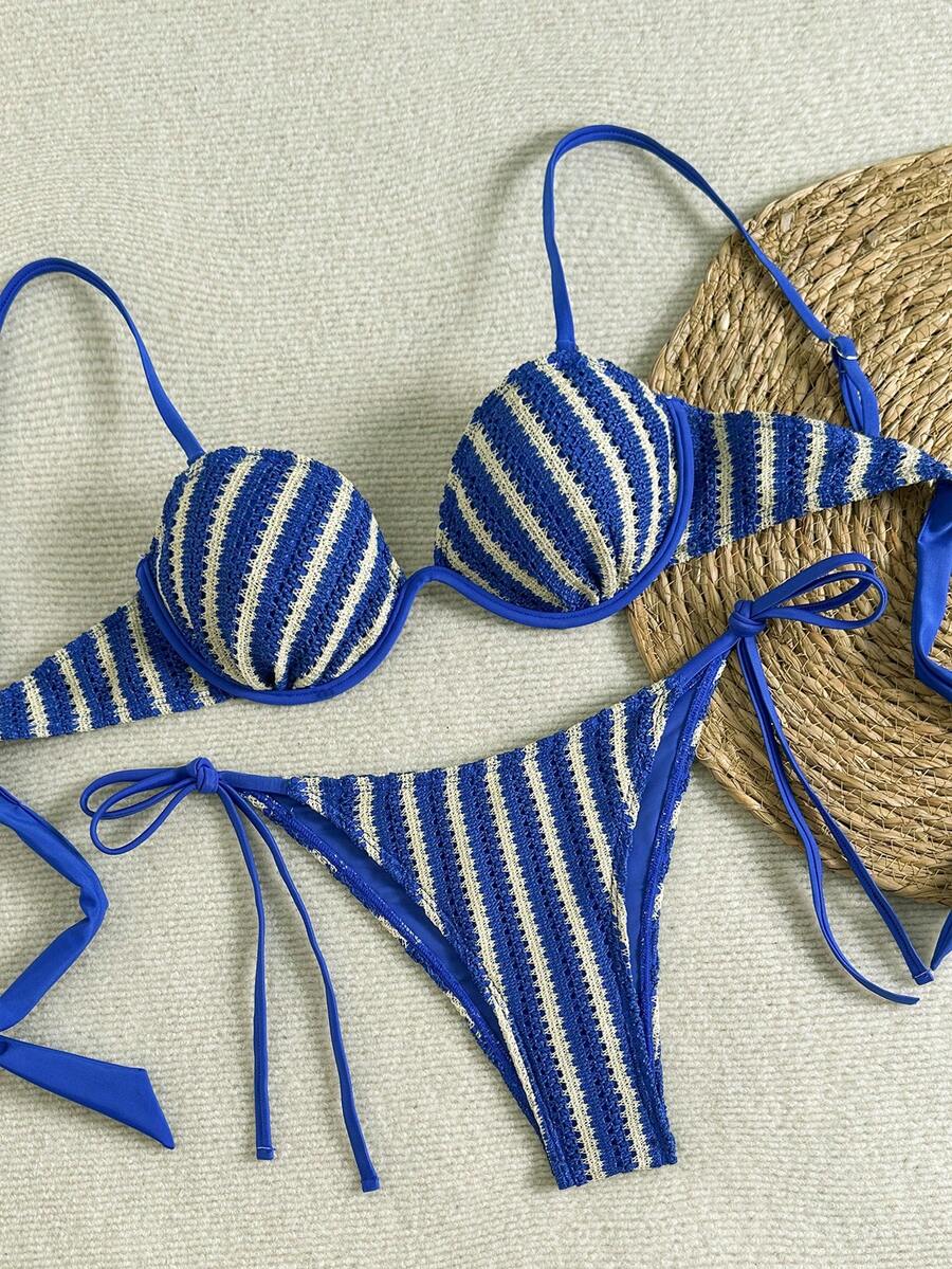 Swim Vcay 2026春夏新款可调节细肩带钢圈聚拢钩编面料侧高衩系带比基尼泳衣两件套（女款） - 藍色 - 查看 1