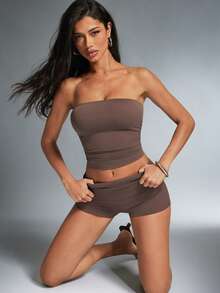 Denimoi 2 Pieces Matching Set Super Stretch Tube Top And Fold Over Shorts Sexy Matching Sets - Brown - View 1