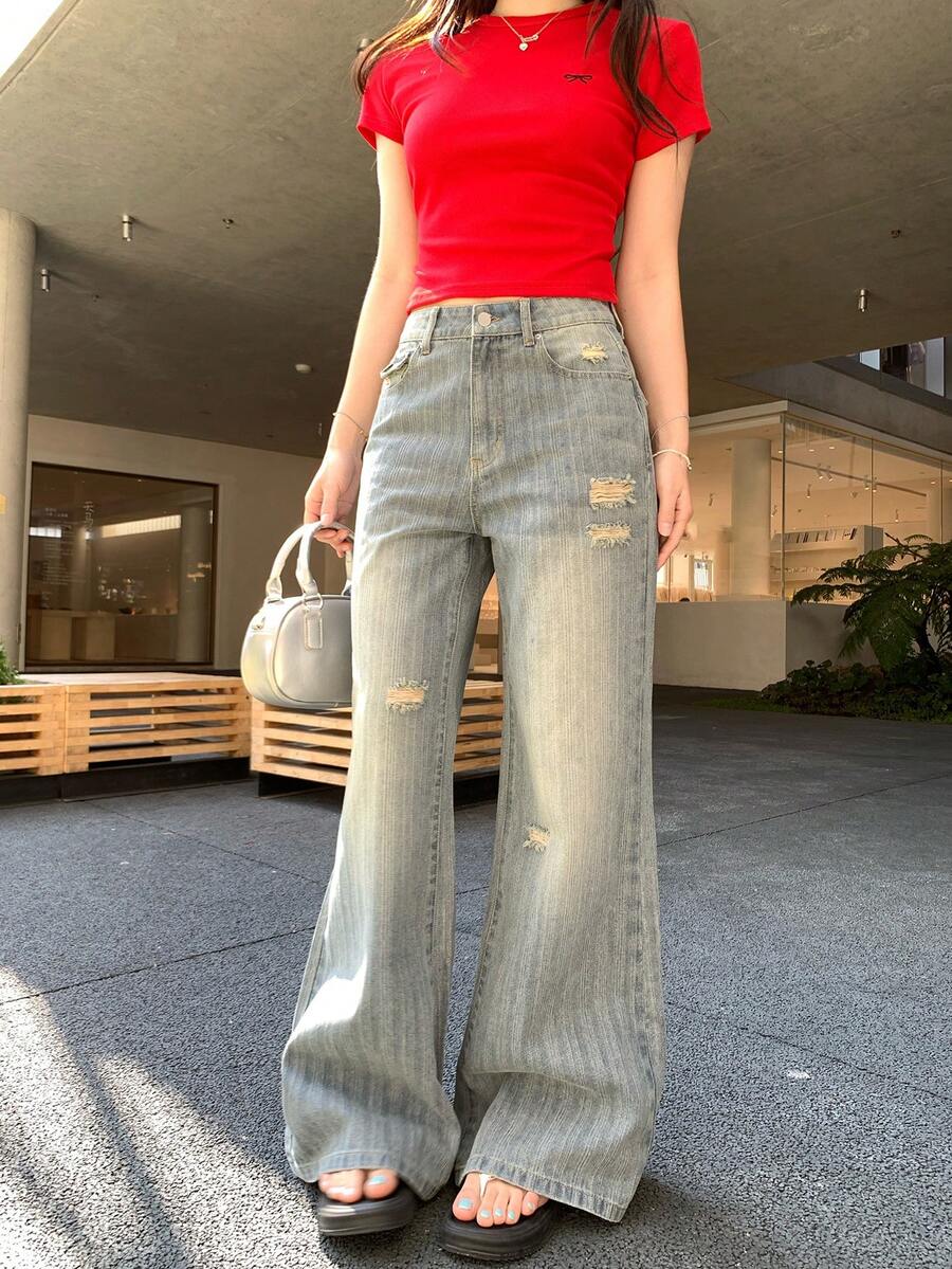 DAZY Women's Textured Korean Style Casual Flared Jeans - Blue - View 1