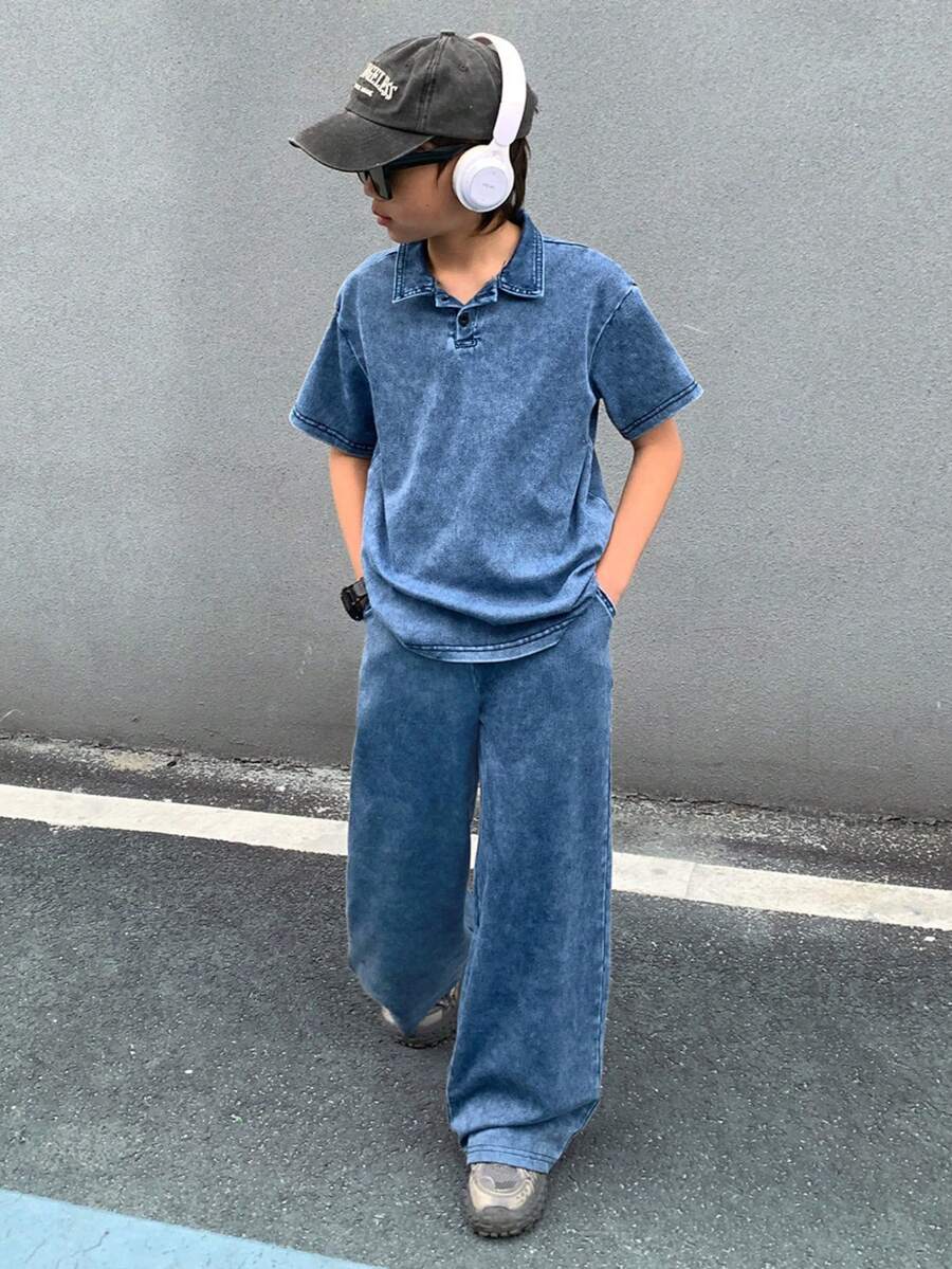SHEIN Conjunto informal de niño preadolescente con camisa de polo de manga corta y jeans - Azul - Ver 1