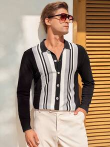 Manfinity CityGents Men's Striped Long Sleeve Single-Breasted Casual Knit Cardigan Men's Crochet Shirts Greece Vacation Outfit Men Black And White Outfits Pen Vacation - Multicolor - View 3