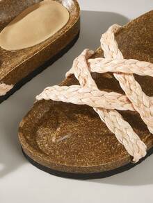 Solecia Women Shoes Spring And Summer New Woven Cross Belt Design Flat-Bottomed Vacation Leisure Style Woven Material Apricot Women's Slippers Daily Travel Seaside Vacation Wear - Apricot - View 5