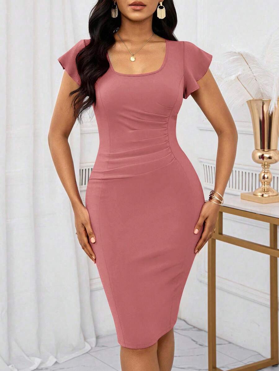 SHEIN Lady 女士纯色方领荷叶袖褶裥修身中长连衣裙 - 藕粉色 - 查看 1