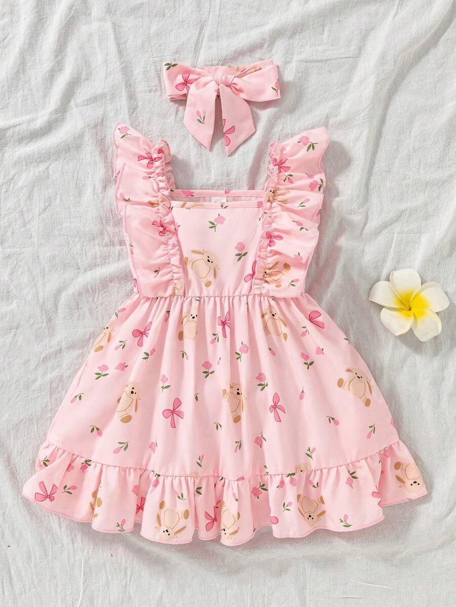 SHEIN Baby Girl Cute Summer Light Pink Halter Dress Graphic Strawberry Plaid Print Ruffle A-Line Dress For Birthday Party Holiday & Photos - Baby Pink - View 1