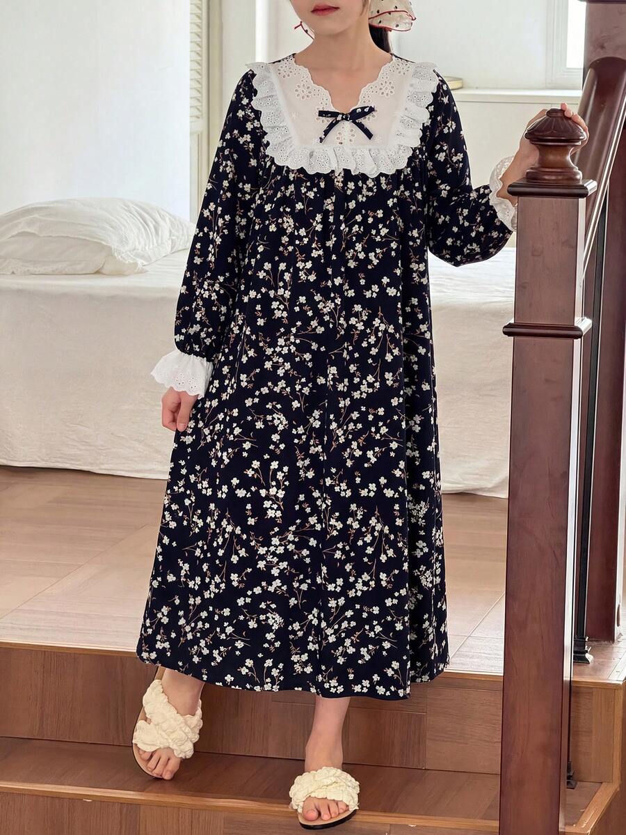 青少年女孩黑色碎花荷葉邊V領長袖寬鬆休閒睡裙,仙女風夏季居家晚間睡衣長款睡袍 - 藍白色 - 查看 1