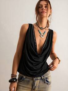 Freevana Women's Solid Color Rivet Design Draped Neck Casual Top,Summer Top - Black - View 3