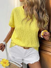 SHEIN LUNE 女士圆领提花休闲百搭日常短袖T恤 - 黃色 - 查看 5