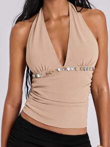 ROMWE Y2K Áo tank top không tay cổ yếm ôm sát người, mặt dây chuyền hình vỏ sò, thích hợp cho kỳ nghỉ xuân/hè của nữ. - Màu Khaki - Xem 2