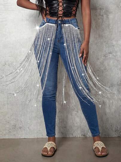 Slaydiva Quần jean nữ dáng ôm thời trang đính tua rua bóng bẩy