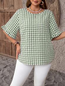 EMERY ROSE Plus Size Casual Plaid Ruffle Sleeve Shirt - Green - View 4