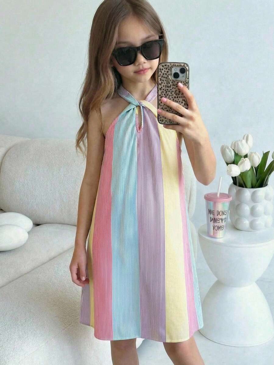 SHEIN Tween Girls' Colorful Striped Pattern Backless Bow Tie A-Line Sleeveless Casual Vacation Dress - Multicolor - View 1