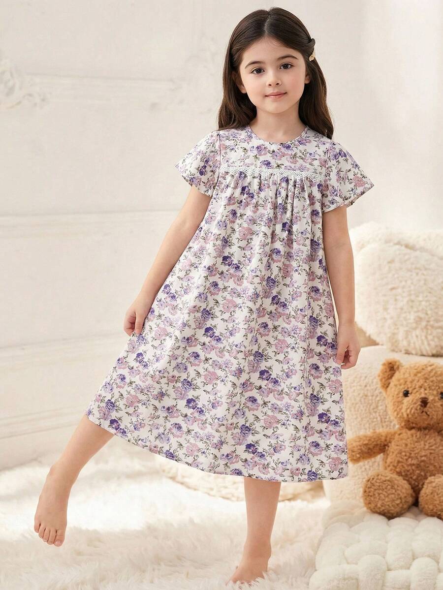 SHEIN 女童碎花图案圆领荷叶袖休闲连衣裙 - 淡紫色 - 查看 1