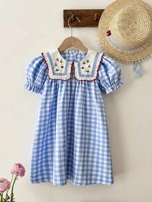 Young Girl' Summer Blue & White Plaid Dress, With Cherry Embroidered Lapel, Puff Sleeves + Loose Skirt, Fresh And Cute, Suitable For Summer Outfit, Plaid Element Brings Retro Vibe, Sweet Elements Fully Loaded. - Blue - View 1