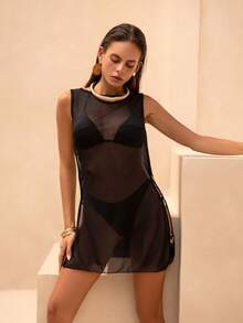 Swim Chiccia Women's Sheer Metallic Ring Sexy Hollow Out See-Through Slit Beach Vacation Party Dress, New Arrival - Black - View 3