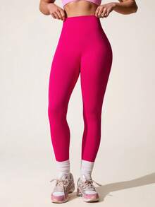 SHEIN Sports 玫瑰红色无缝高腰运动紧身裤 - 玫紅色 - 查看 6